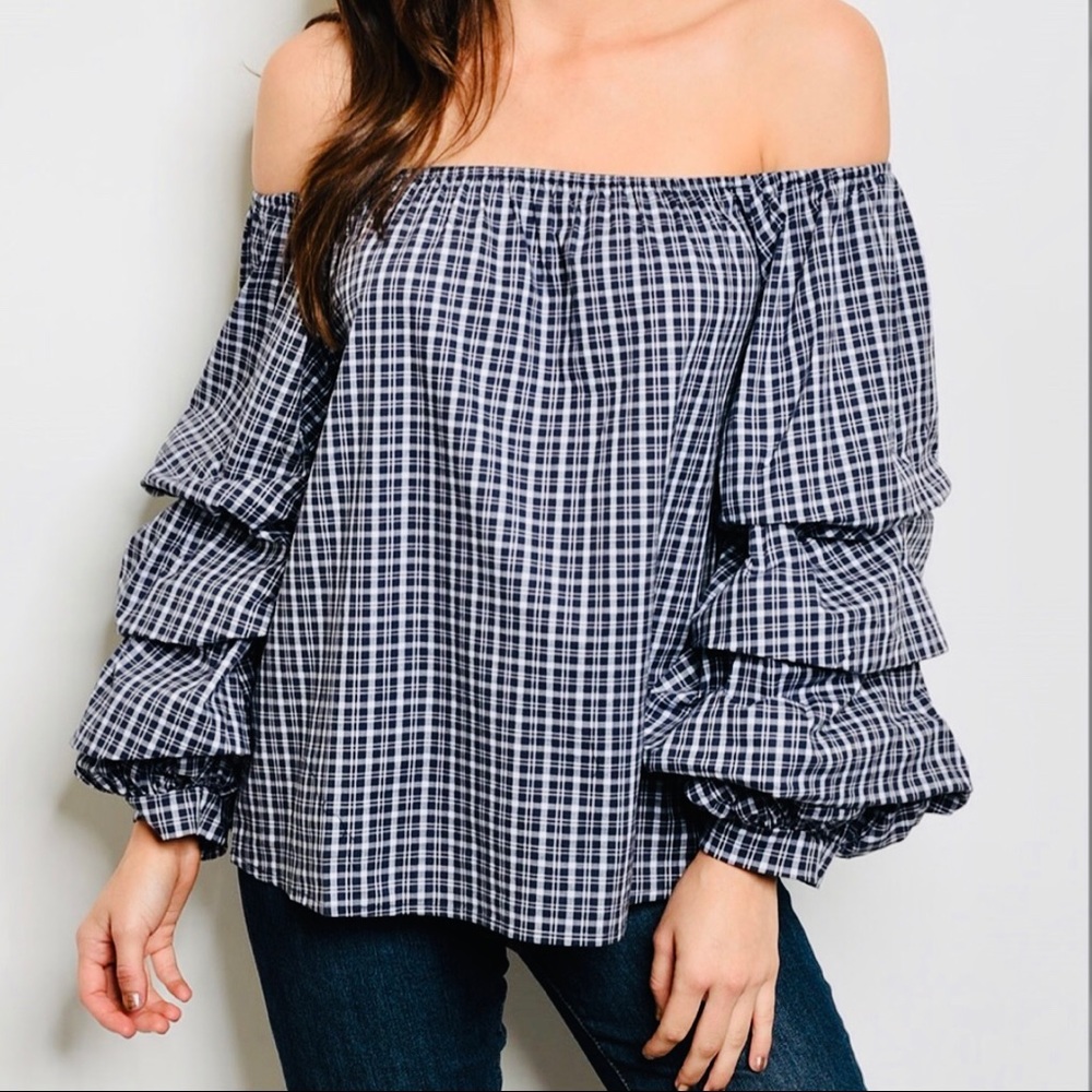 Tiered Bell Sleeve Gingham Off the Shoulder Top